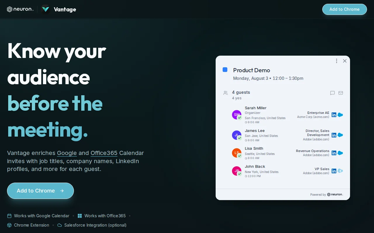 Vantage – Enrich calendar invites with LinkedIn profile data