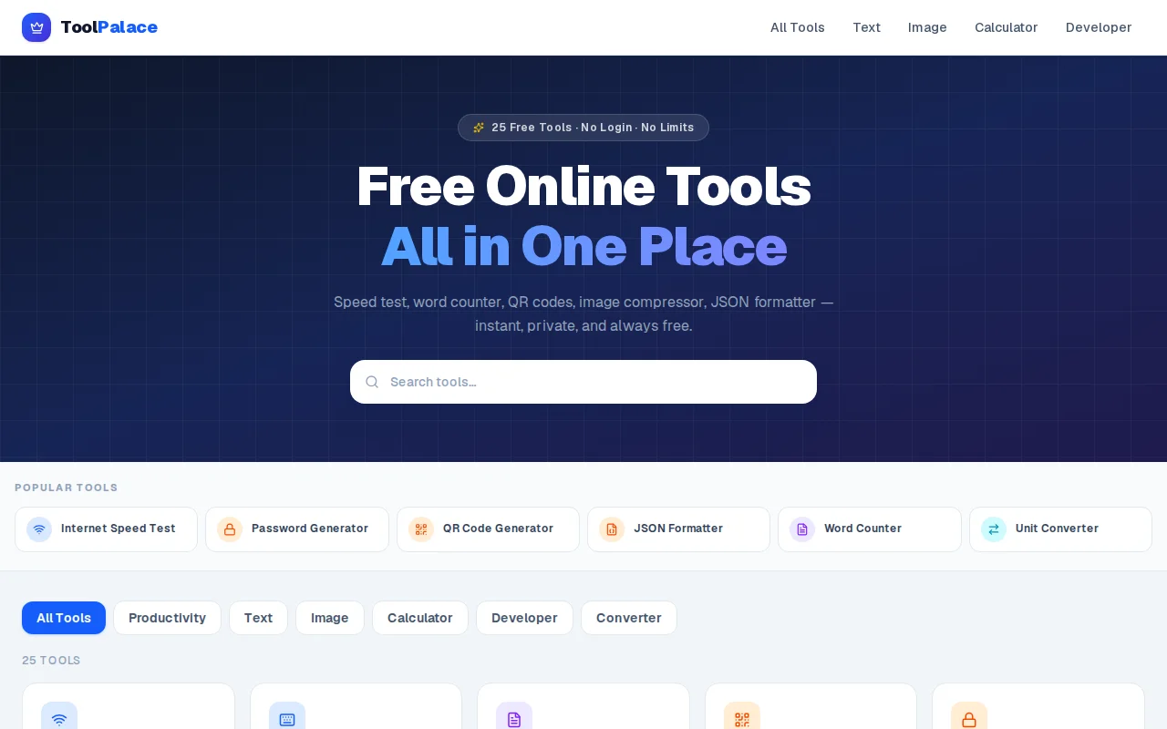 ToolPalace – 25 free browser tools that work offline, no sign-up