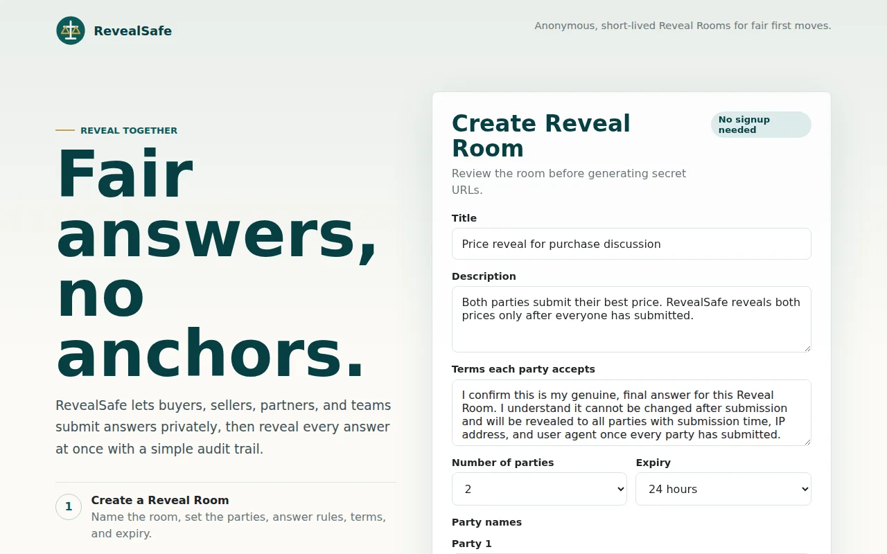 RevealSafe: Buyer and seller privately submit price; reveal together