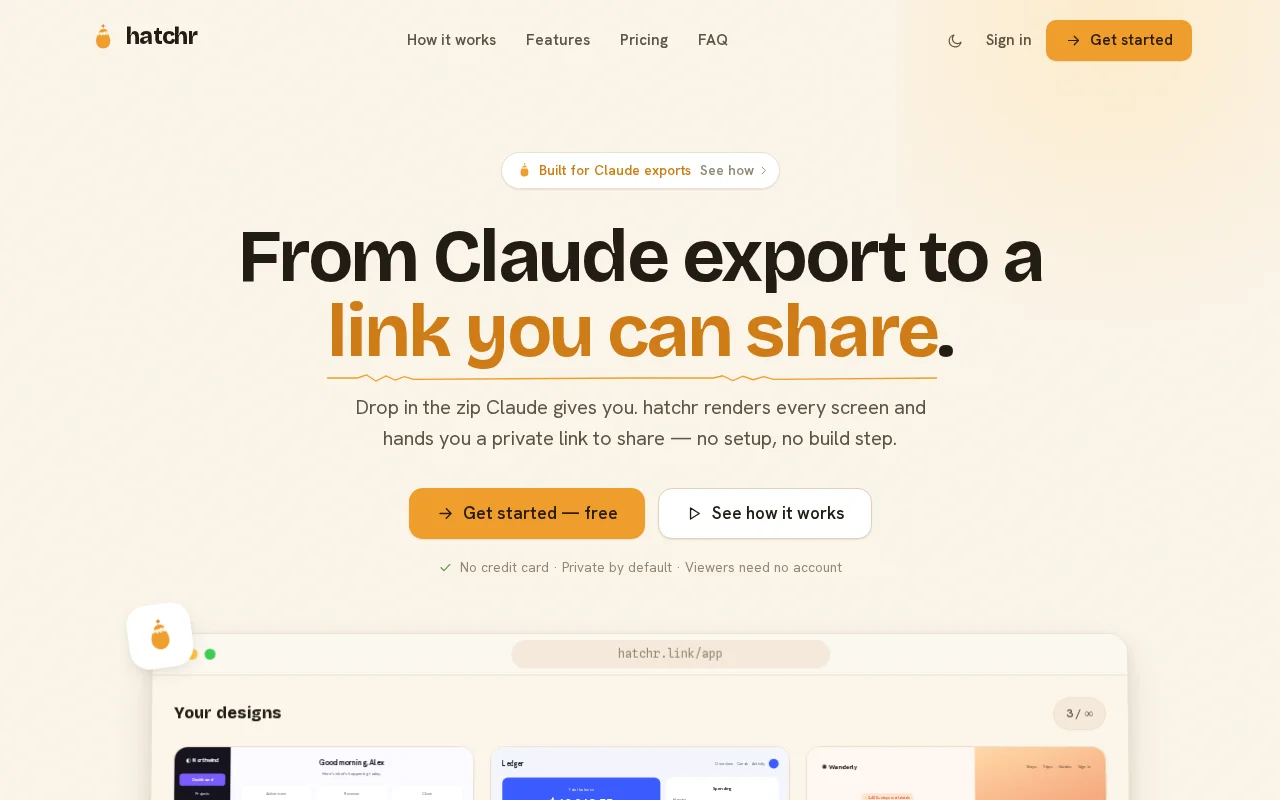 Hatchr – Share Claude Designs with a public link