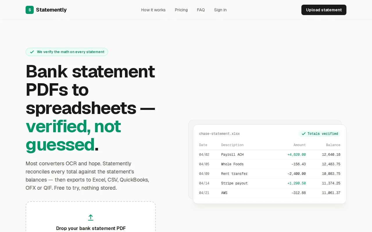 Statemently – Bank statement PDFs to Excel/CSV, totals verified