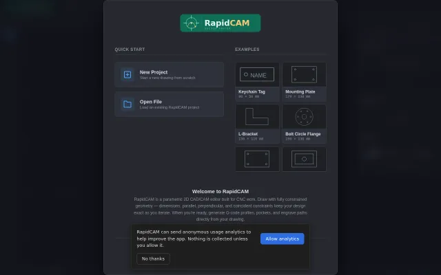 RapidCam – Browser-based, parametric 2D CAD/CAM app for CNC and laser