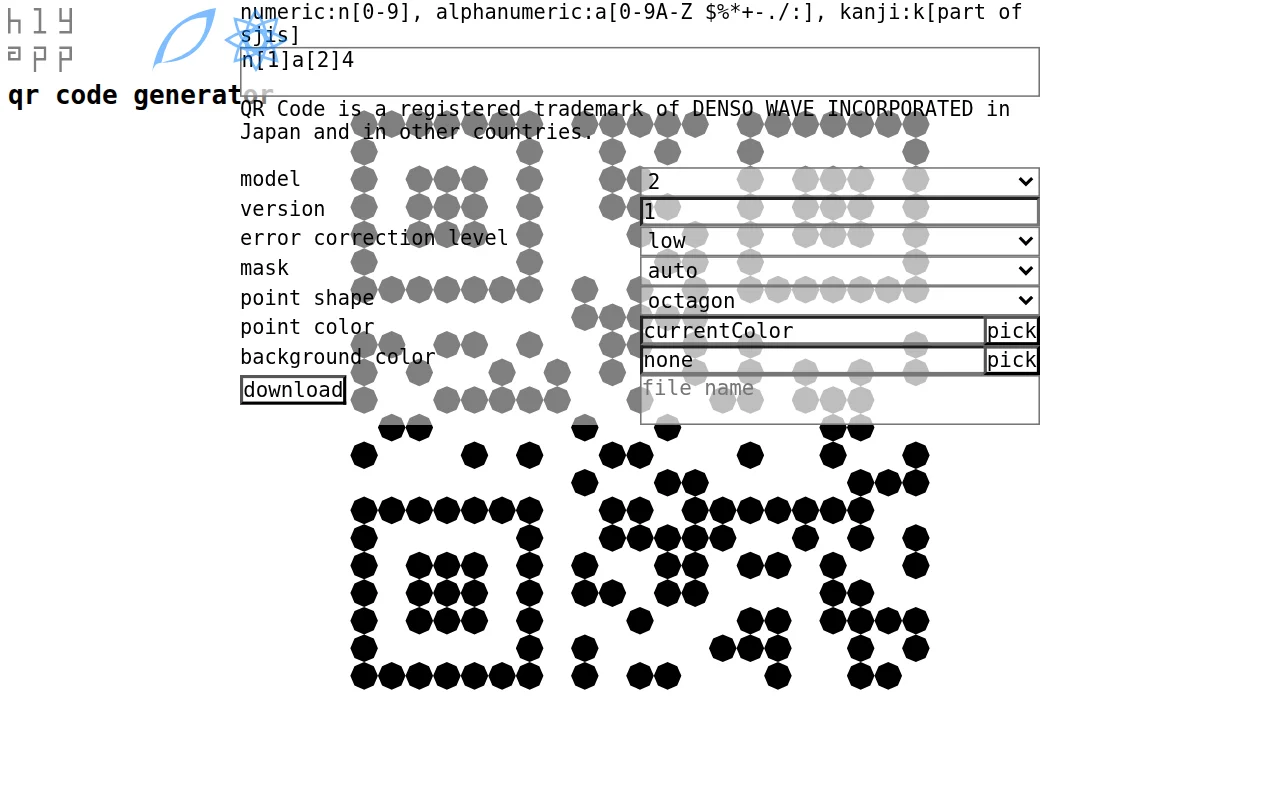 QR Code generator – micro/2 via numeric, alphanumeric, 8bitbyte, kanji