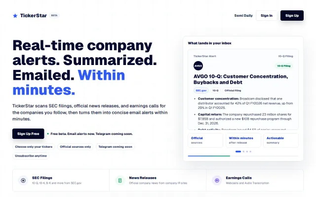 Tickerstar – Instant SEC and company earnings summaries