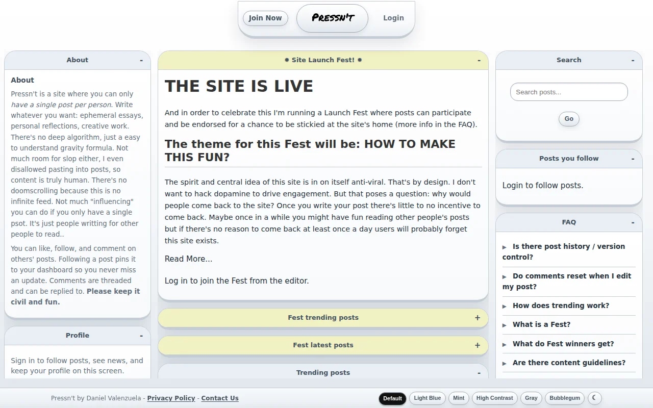 Pressn't, a site where you can have a single post