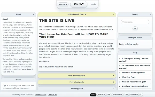 Pressn't, a site where you can have a single post