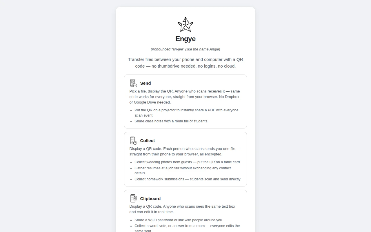 Engye – transfer files between any two devices by scanning a QR code