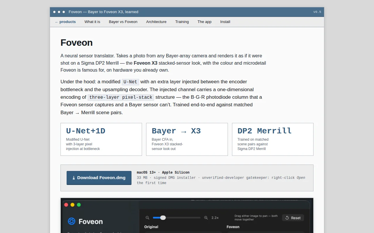 Foveon – Bayer to Foveon X3, learned, Mac App using deep learning