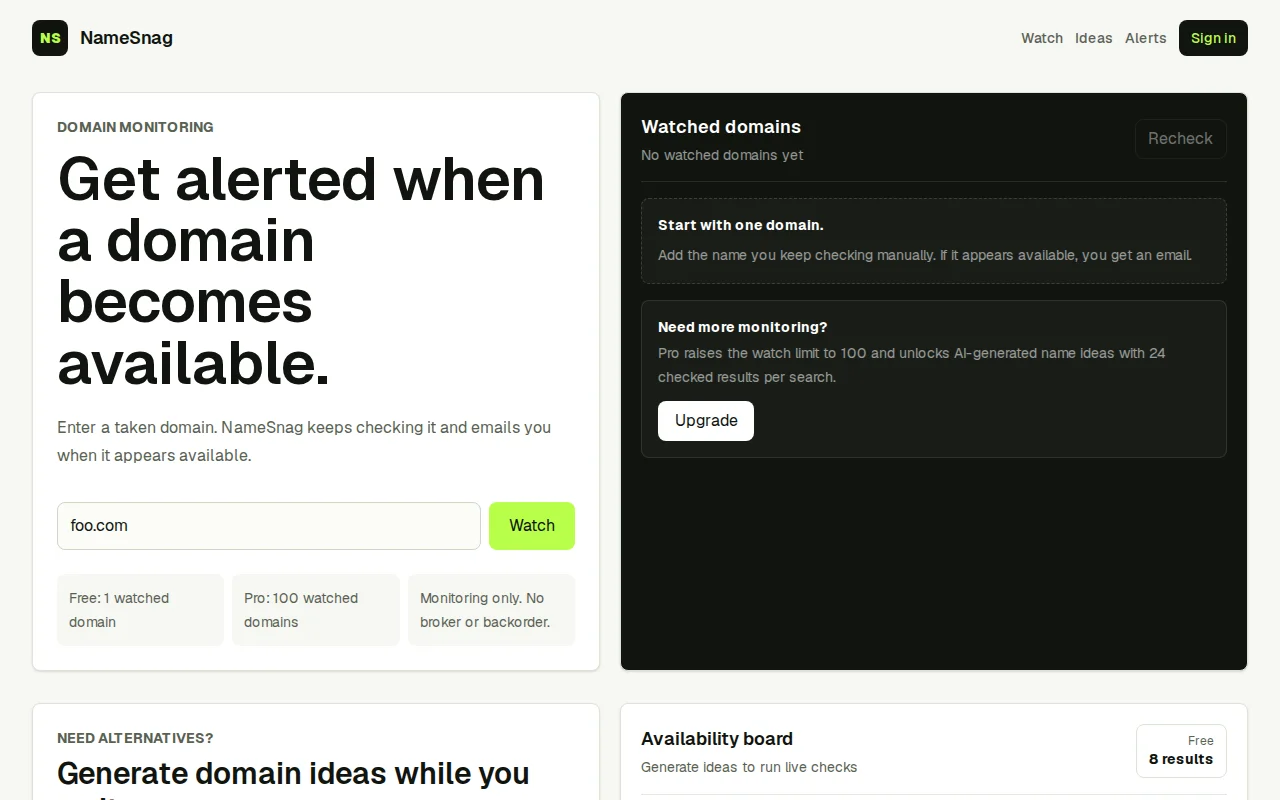 NameSnag – Get alerted when a watched domain appears available