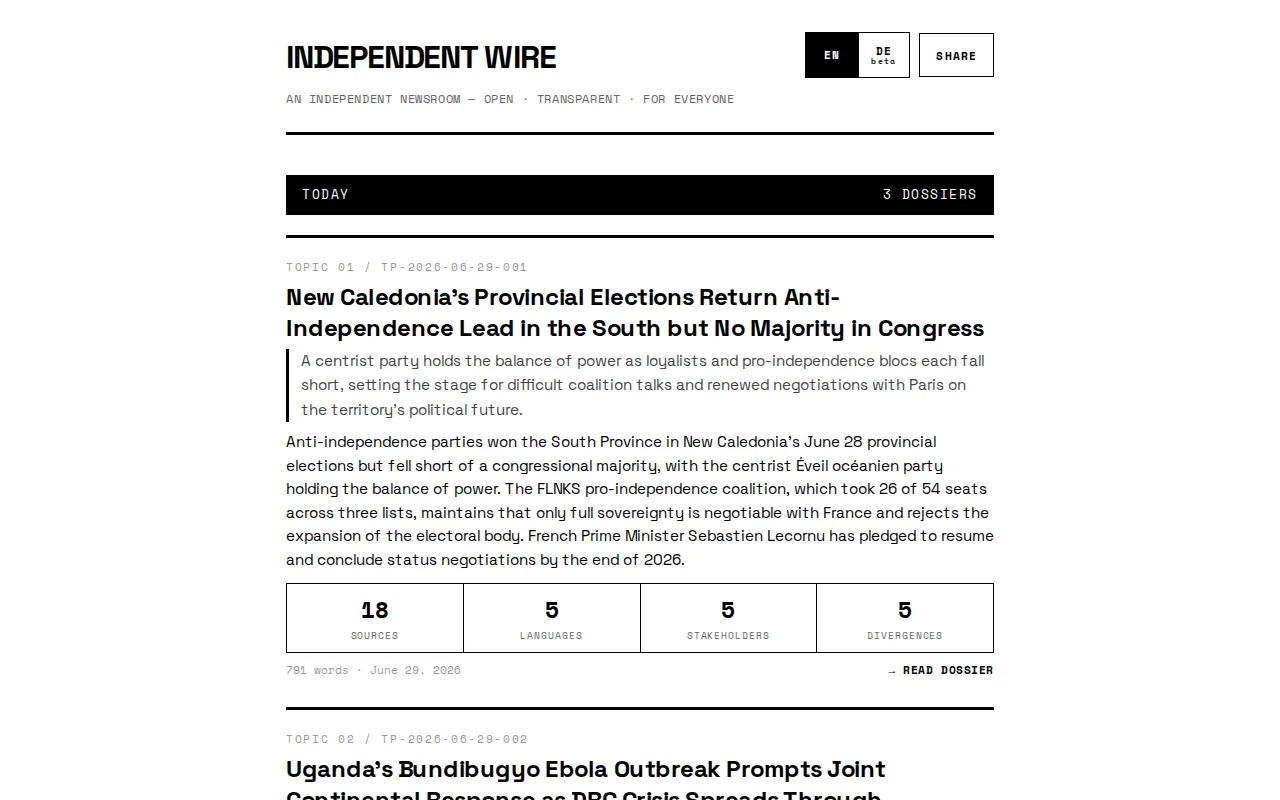 Independent Wire – open-source AI newsroom that documents its own bias