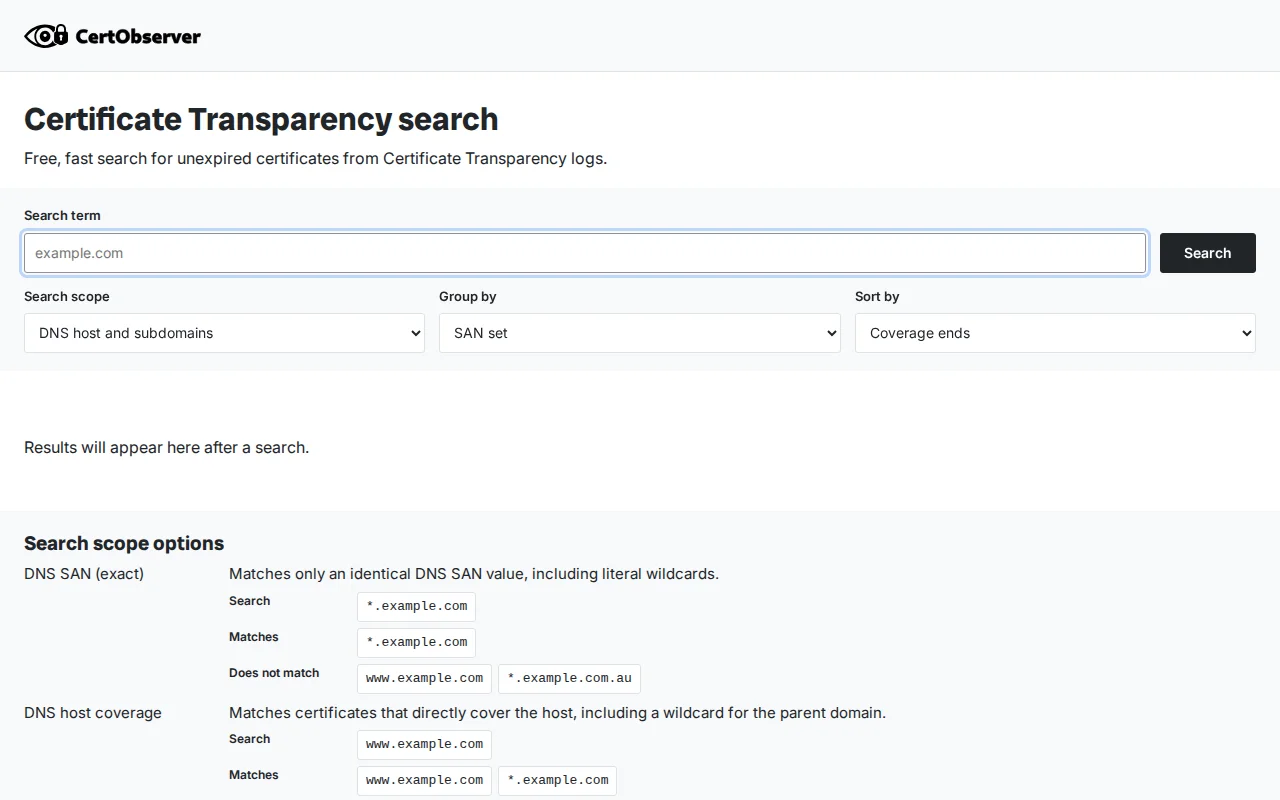 Certificate Transparency search that groups related certificates