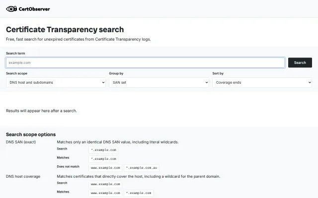 Certificate Transparency search that groups related certificates