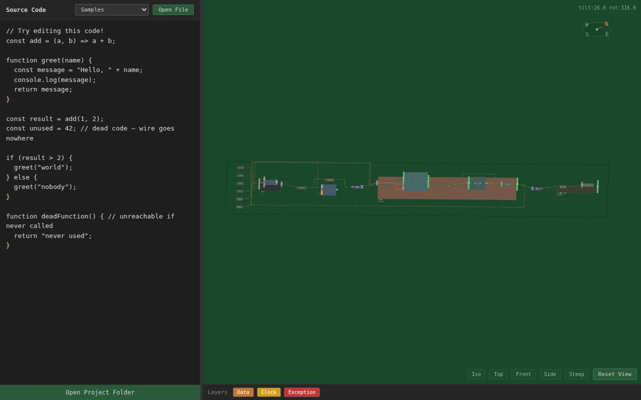 TypeScript/JavaScript as interactive isometric circuit board