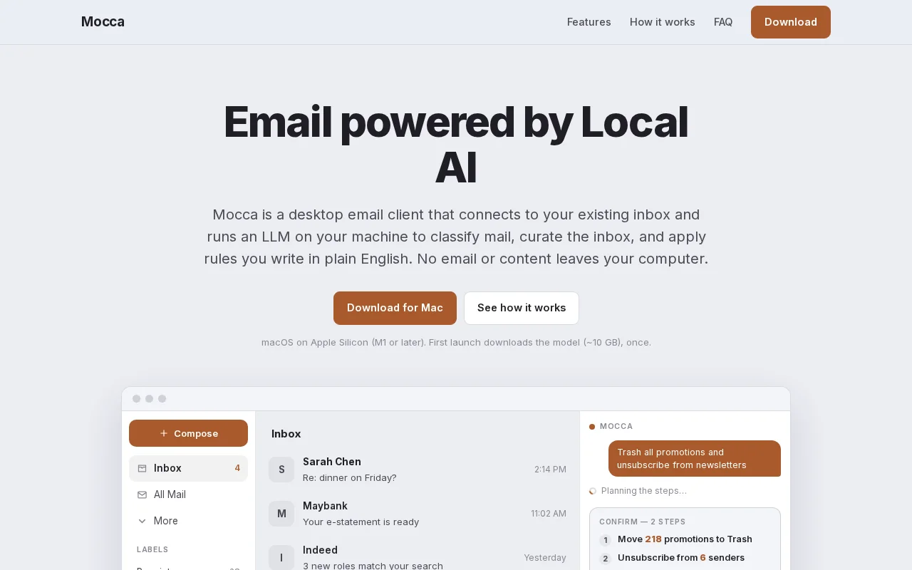 Mocca – A Mac email client powered by local AI