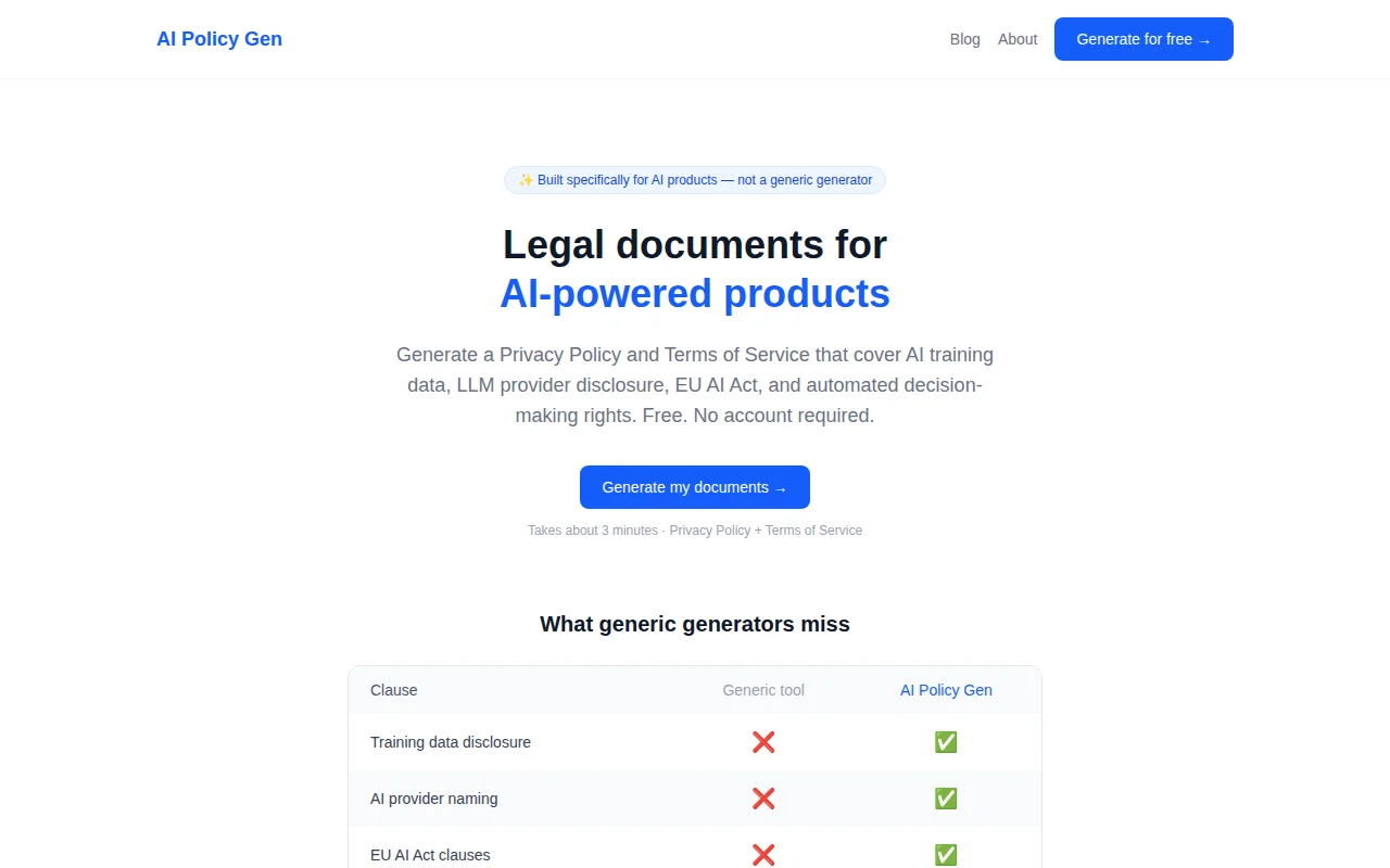 Privacy policy generator for AI apps (LLM disclosure, EU AI Act)