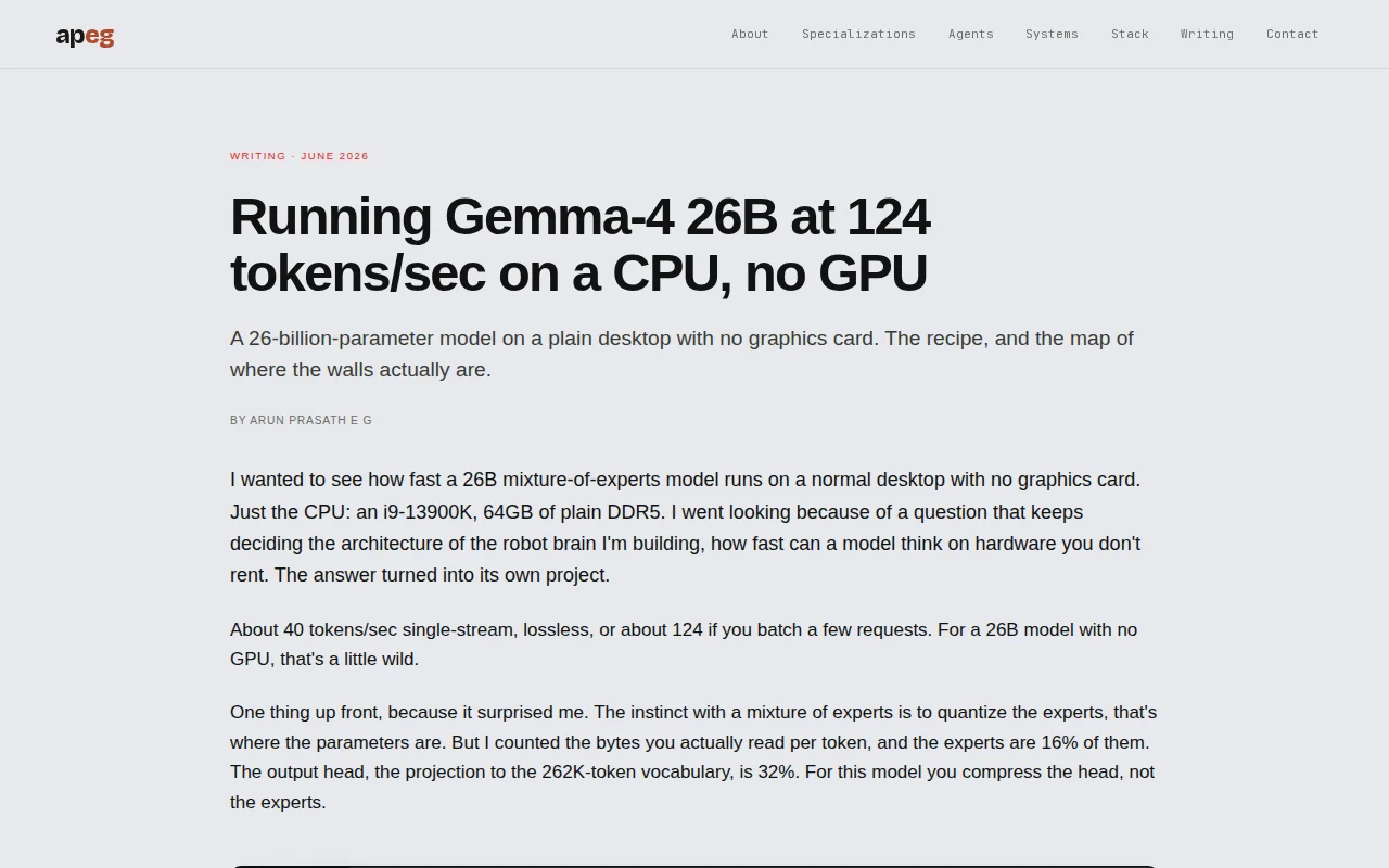 Running Gemma-4 26B at 124 tokens/SEC on a CPU, no GPU