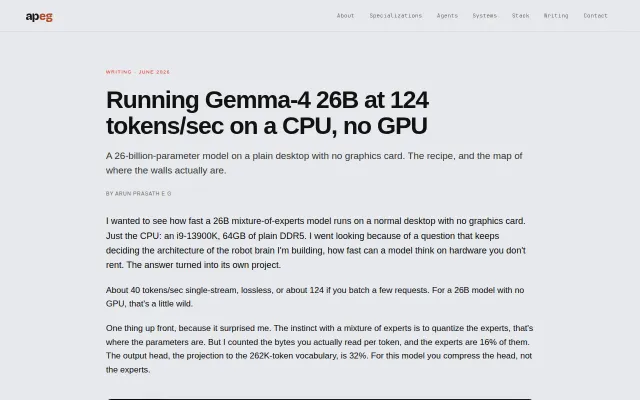 Running Gemma-4 26B at 124 tokens/SEC on a CPU, no GPU