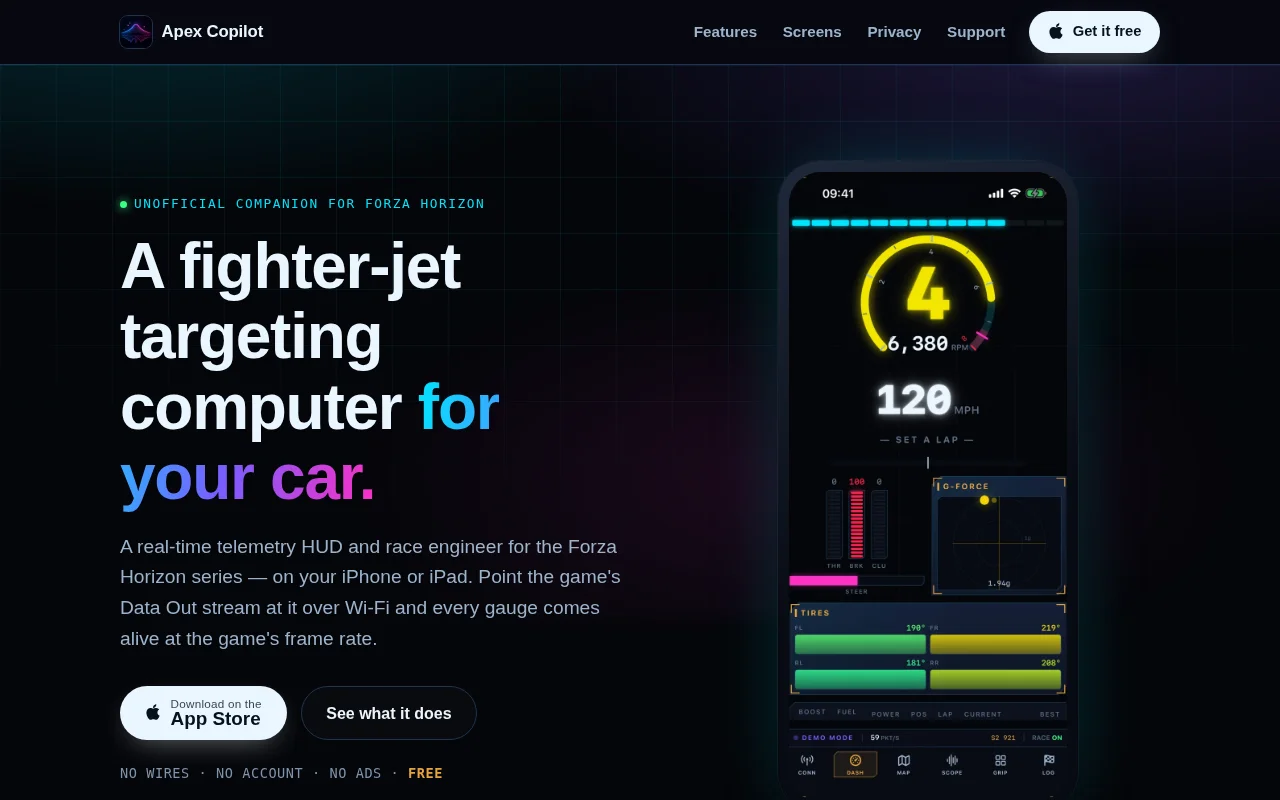 Apex Copilot, a real-time telemetry HUD and race log for Forza Horizon6