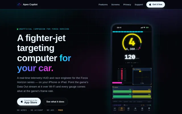 Apex Copilot, a real-time telemetry HUD and race log for Forza Horizon6