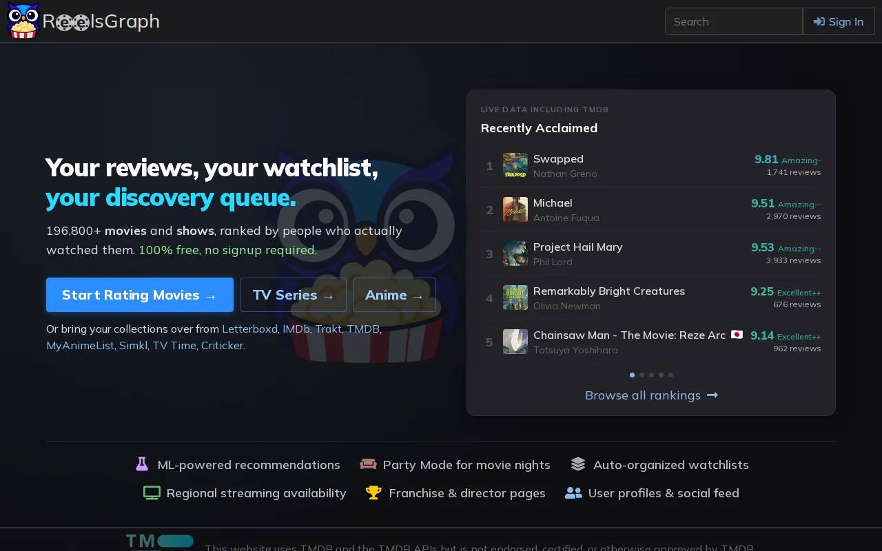 ReelsGraph – movie/TV watchlist and ML-based discovery queue, no signup