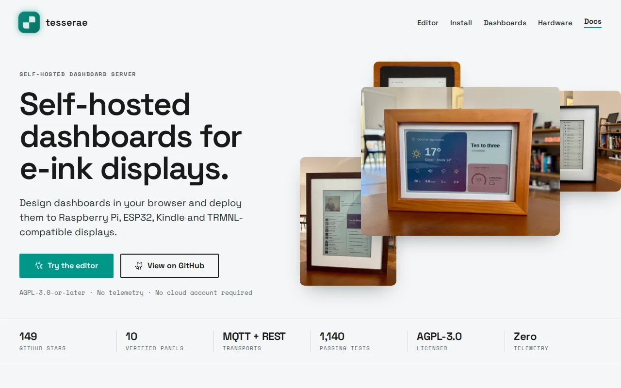 Tesserae, self-hosted dashboards for the e-paper panel you own