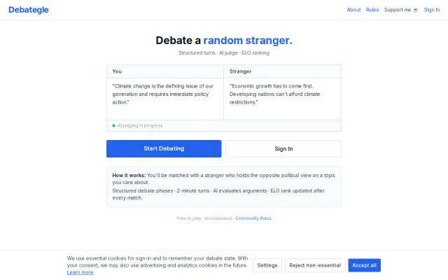 Debategle – ranked 1v1 debates judged by an LLM