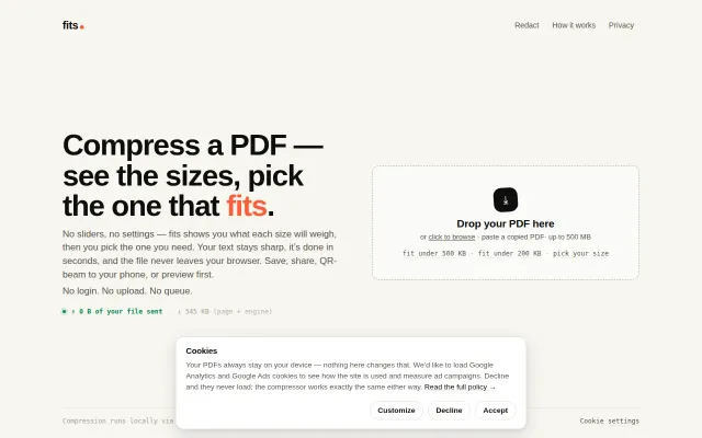 Fits – compress PDF, pick the output size, fast, no upload, free