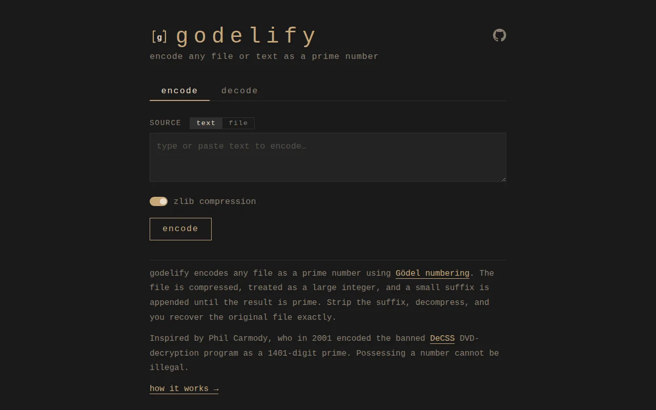 Gödelify – Encode any file or text as a prime number