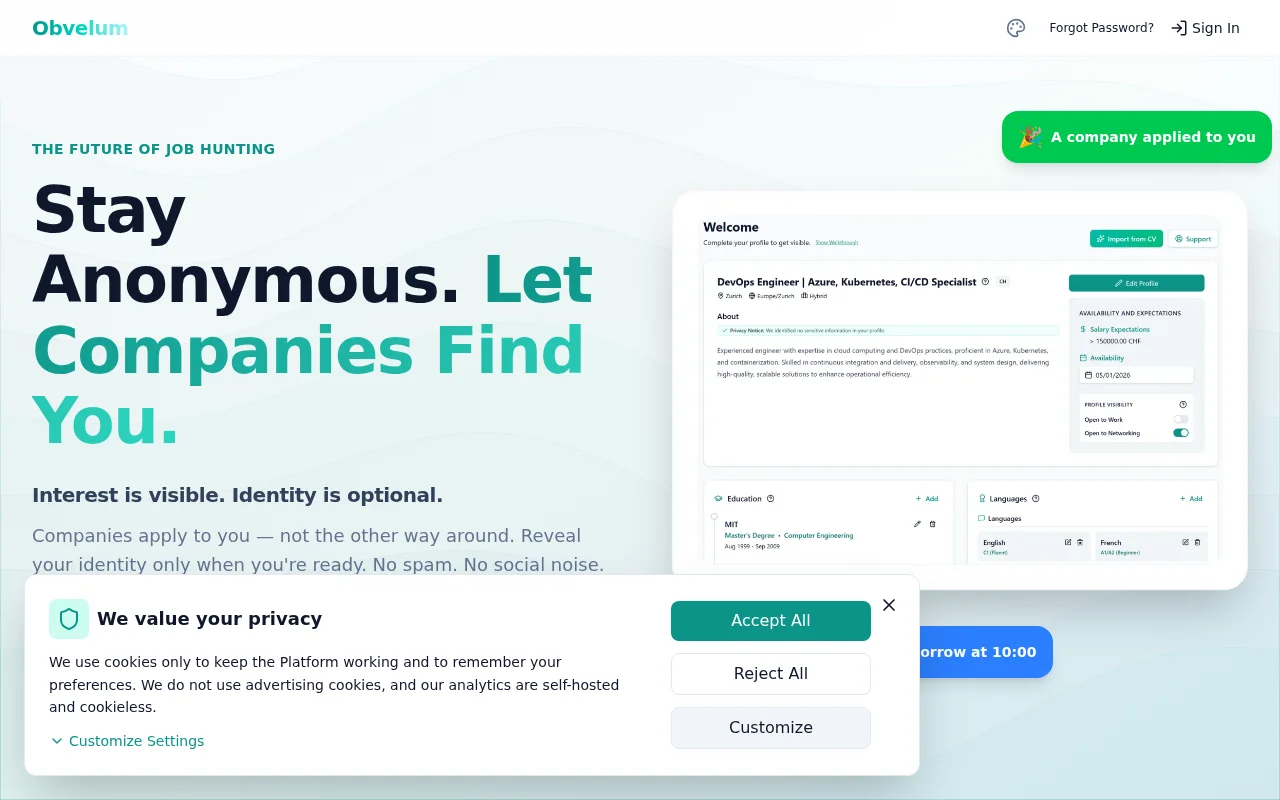 Obvelum – an anonymous hiring portal where companies apply to you
