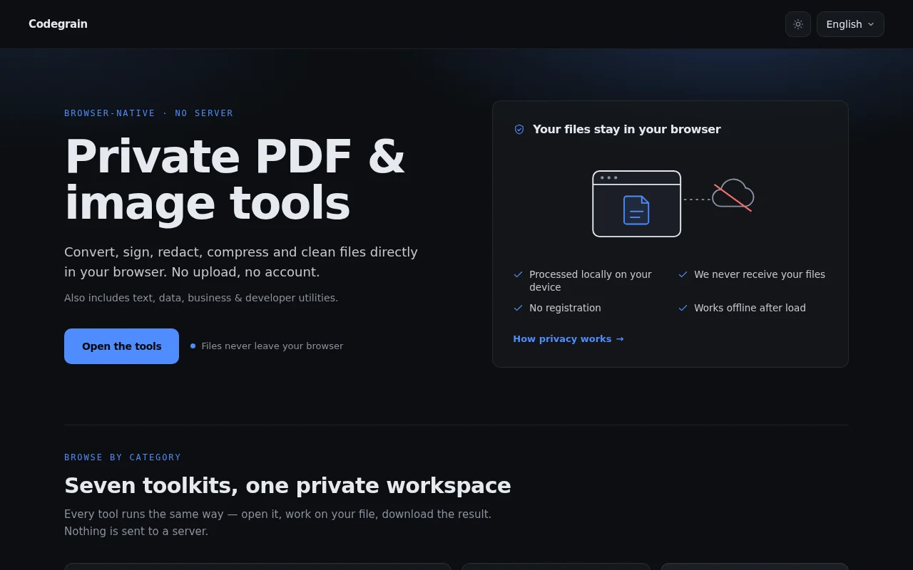 Codegrain – PDF/image/data tools, files never leave your tab