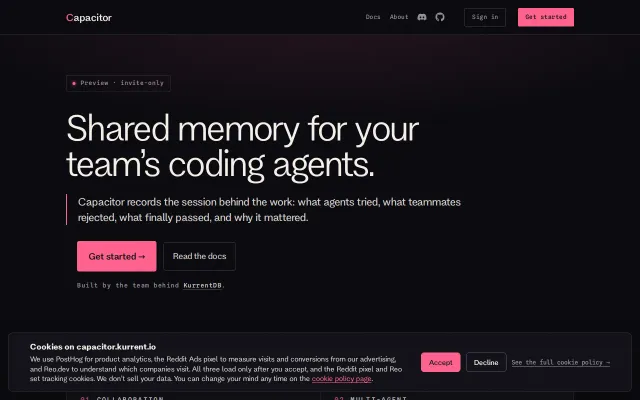 Capacitor – shared mem for Claude Code, Cursor and other coding agents
