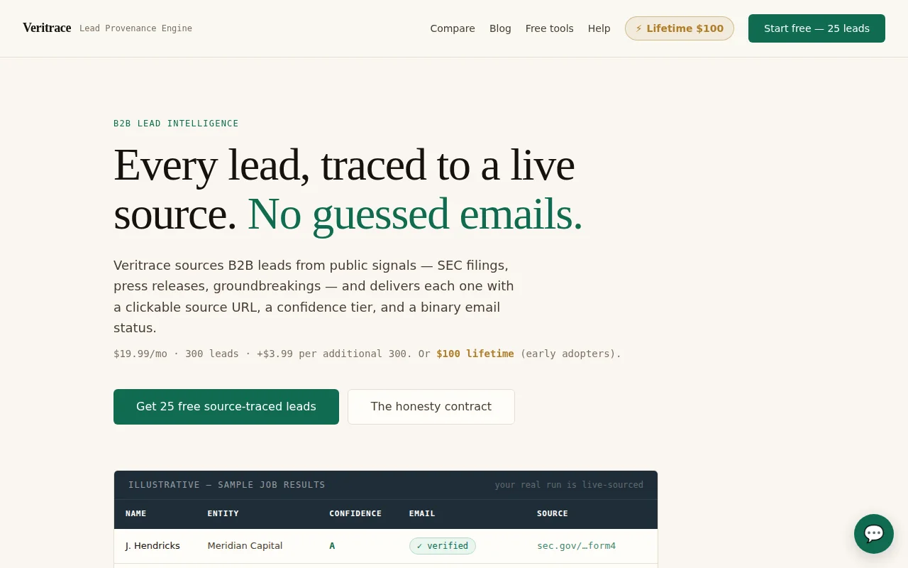 Veritrace – B2B leads with a source URL on every row, no guessed emails