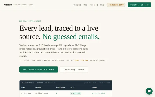 Veritrace – B2B leads with a source URL on every row, no guessed emails