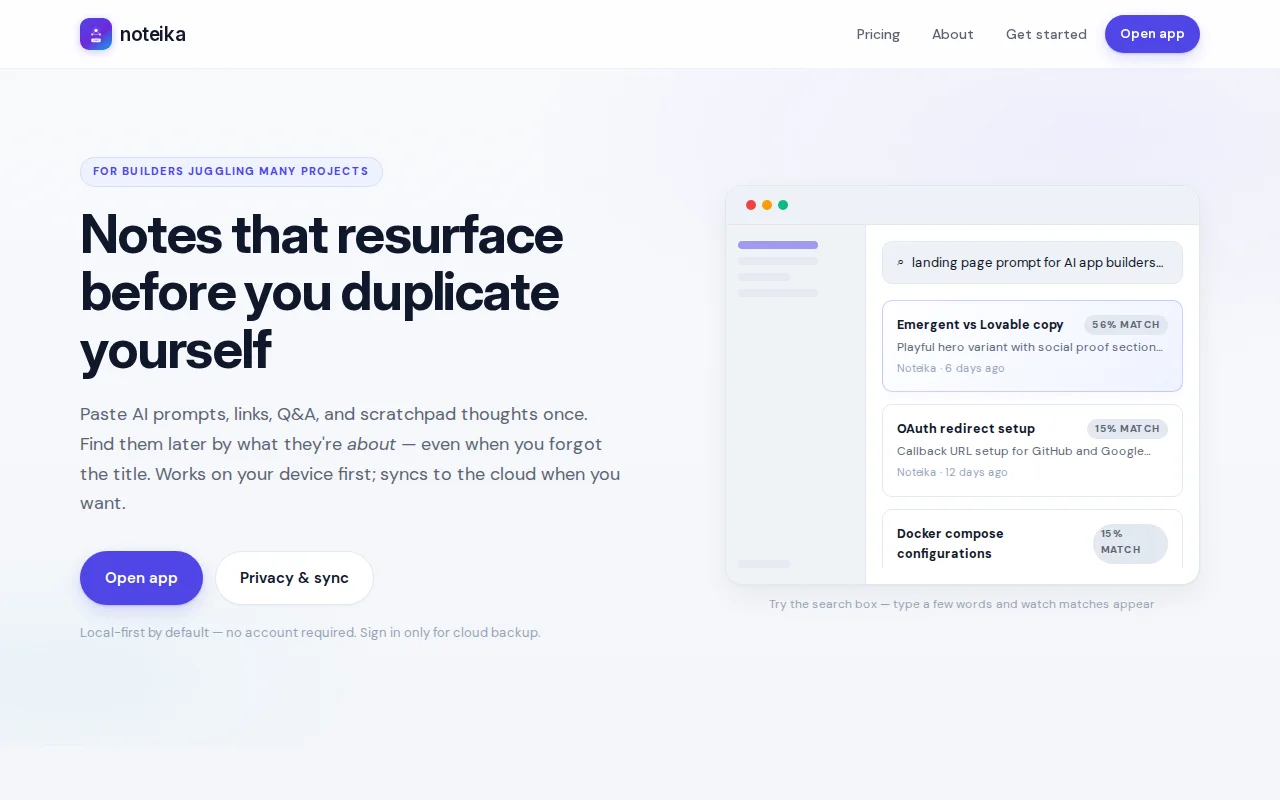 Noteika – Local-first notes that resurface before duplicate yourself
