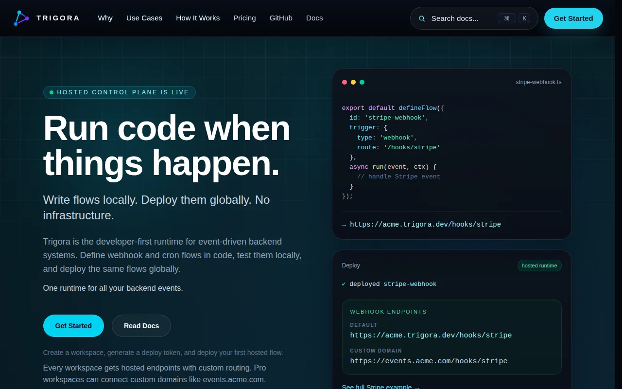 Trigora – A hosted runtime for event-driven TypeScript workflows