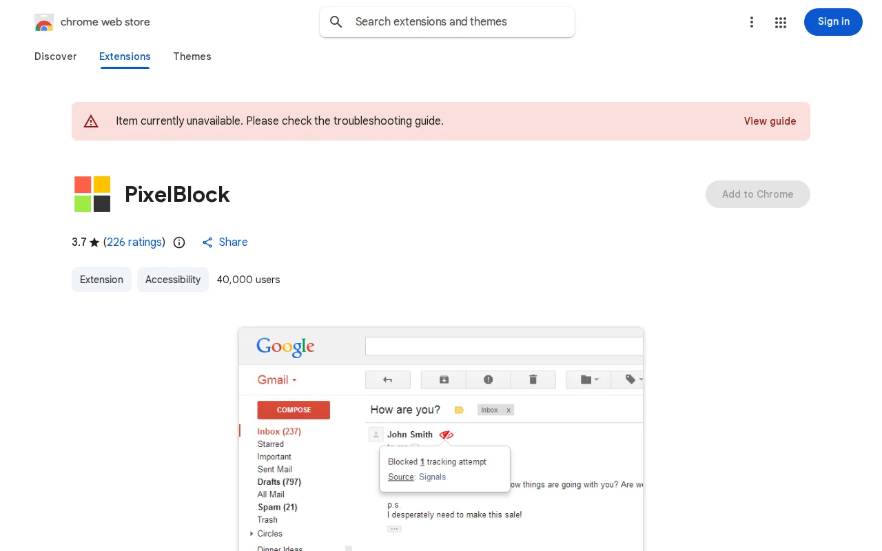 Pixelblock – block email open tracking images in Gmail
