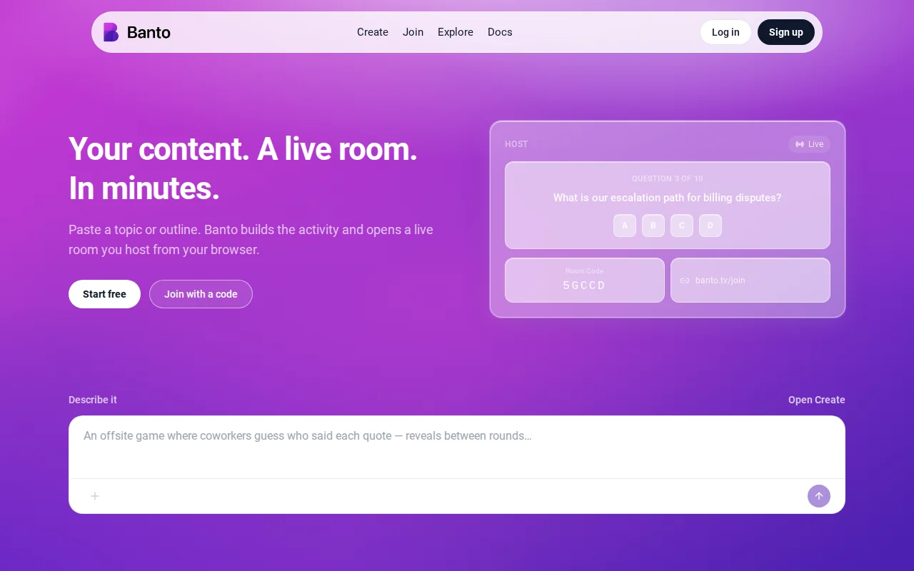 Banto – Turn any topic into a live game room in minutes