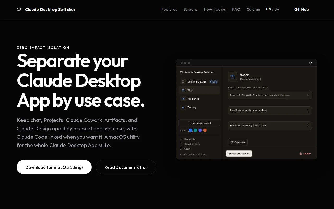 Claude Desktop Switcher for separating the whole Claude Desktop suite
