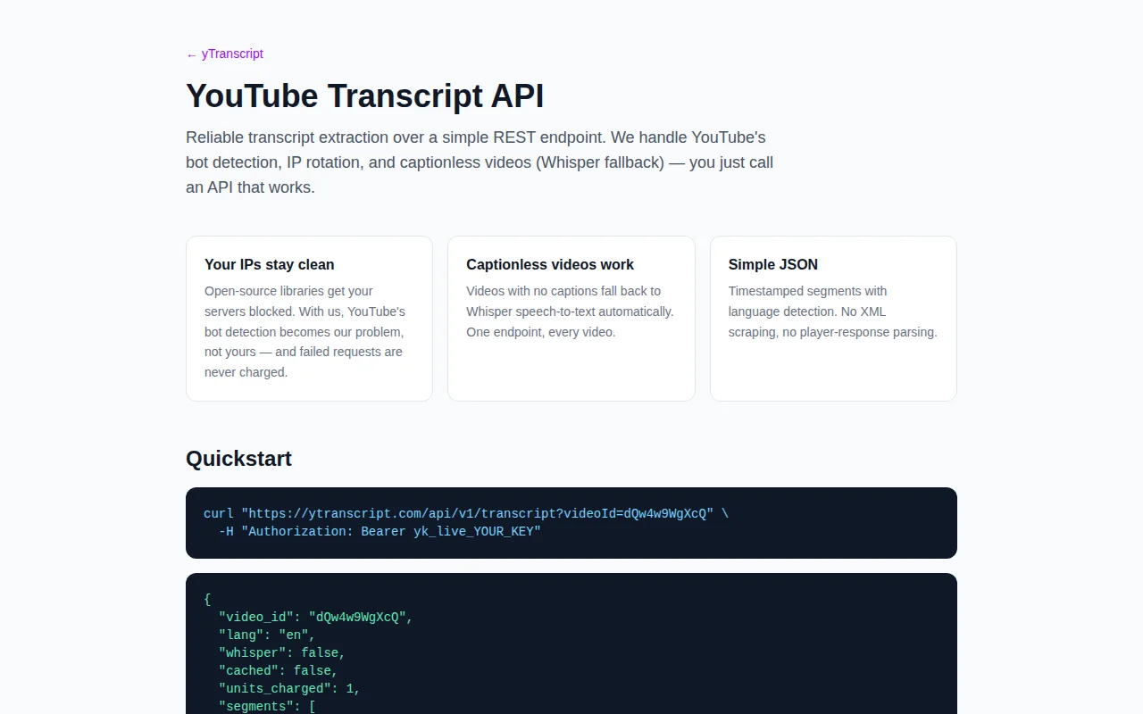 A YouTube transcript API that survives YouTube's bot war