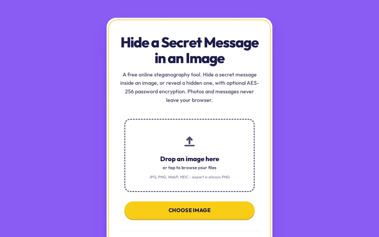 Hide an encrypted message inside a photo, in the browser