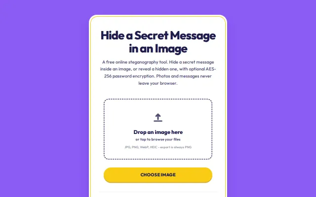 Hide an encrypted message inside a photo, in the browser