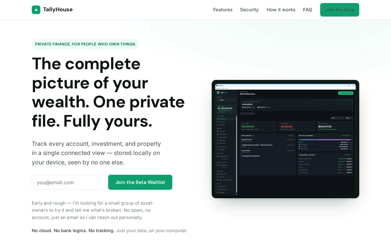TallyHouse – Local-first net worth tracker, no cloud or bank linking