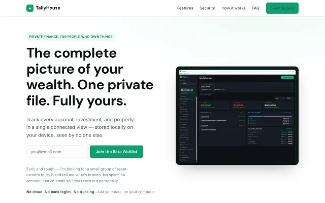 TallyHouse – Local-first net worth tracker, no cloud or bank linking