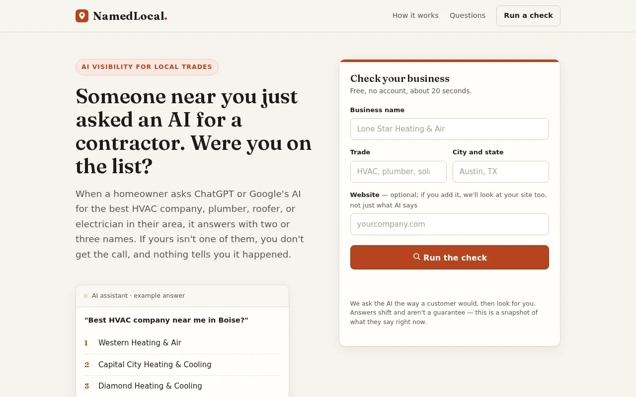 NamedLocal – does ChatGPT recommend your local business?