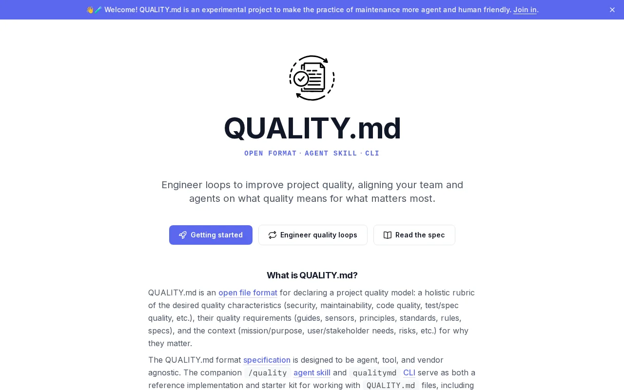 QUALITY.md – open format/specification, agent skill, and CLI