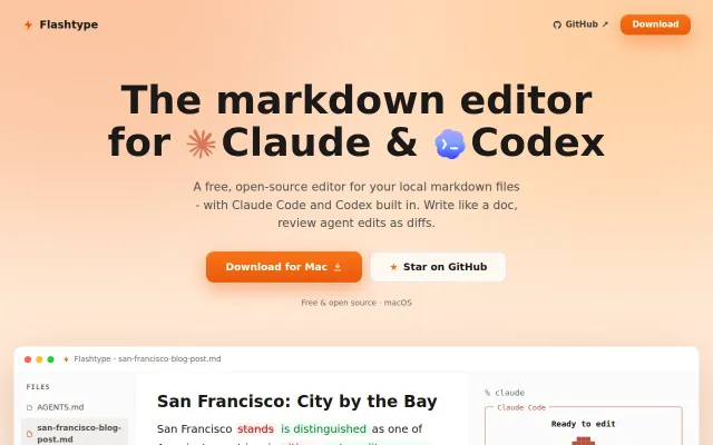 Flashtype – Markdown editor for Claude and Codex with in-line diffs