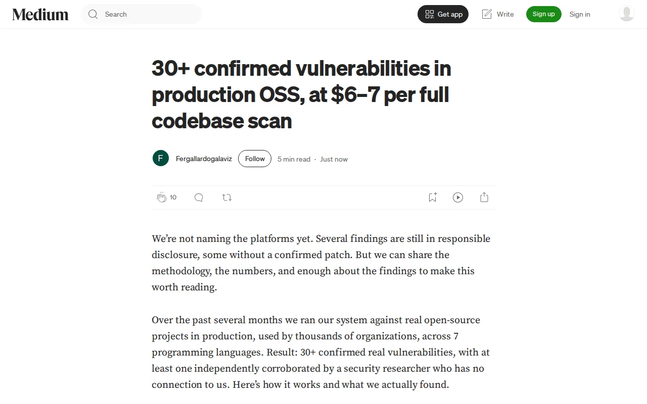 Vulns in production OSS, at $6–7 per full codebase scan