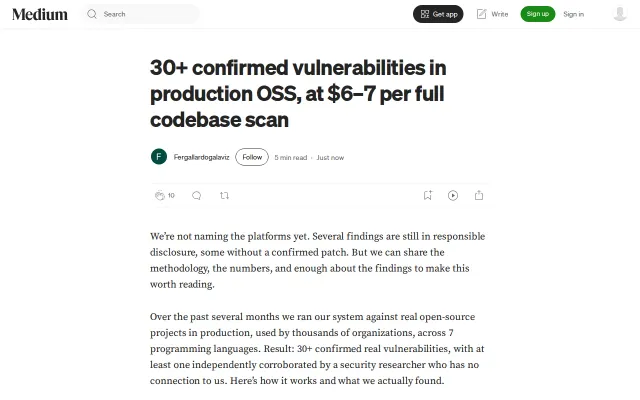 Vulns in production OSS, at $6–7 per full codebase scan