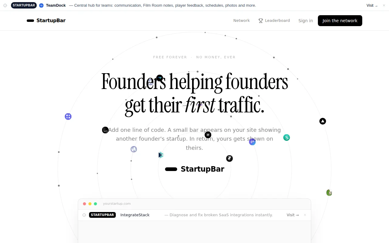StartupBar – free mutual traffic exchange for founders (Modern WebRing)