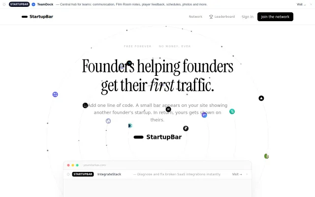 StartupBar – free mutual traffic exchange for founders (Modern WebRing)